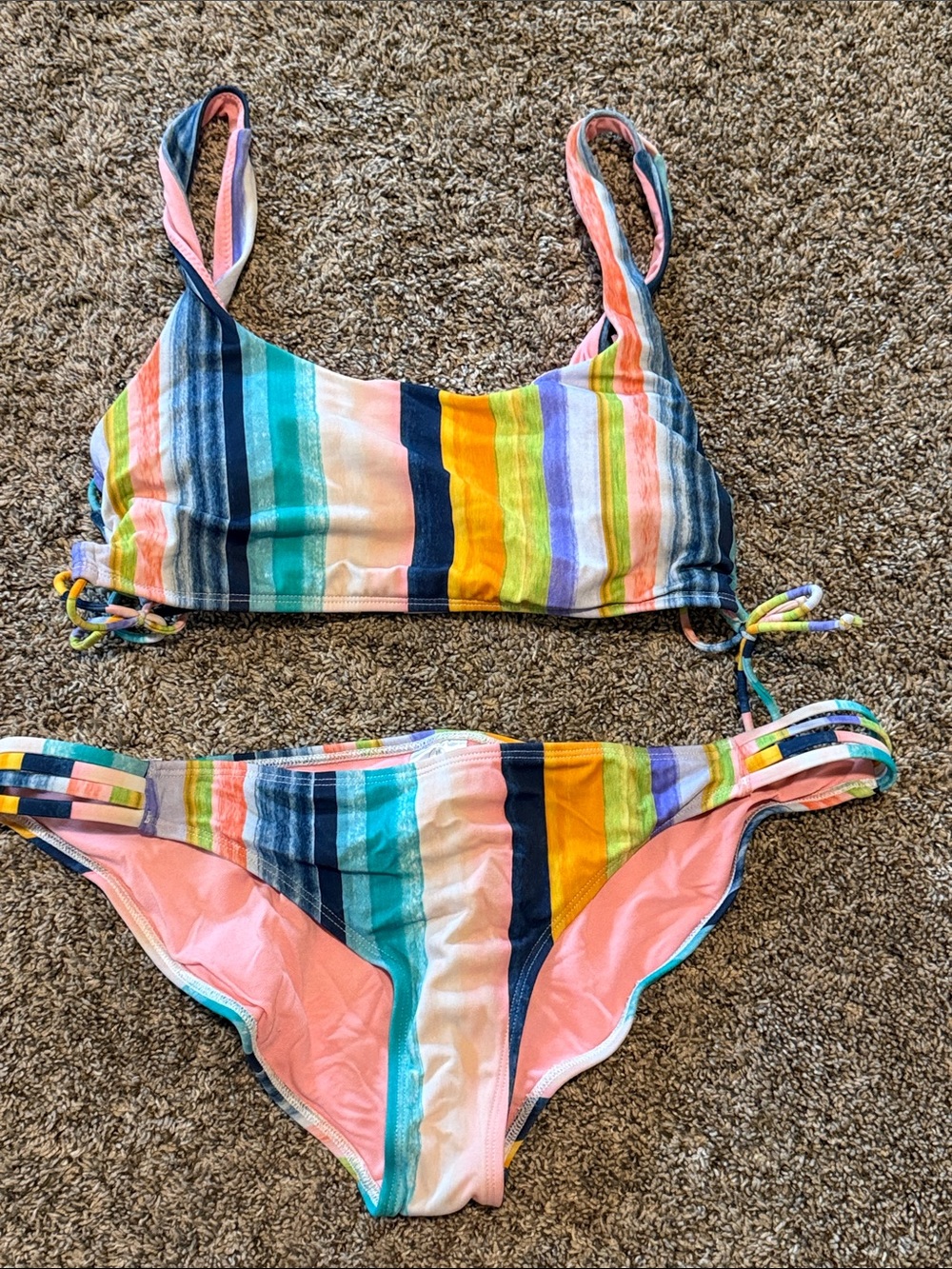 Body Glove Girls Multicolor Stripe Bikini - Yellow, Teal, Navy, Pink